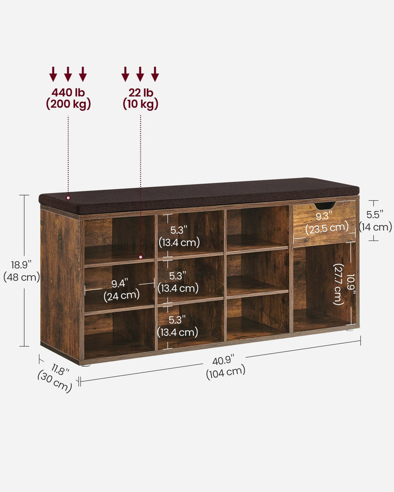 Dimension diagram showing 104 x 30 x 48 cm size, 200 kg bench load and 10 kg per compartment