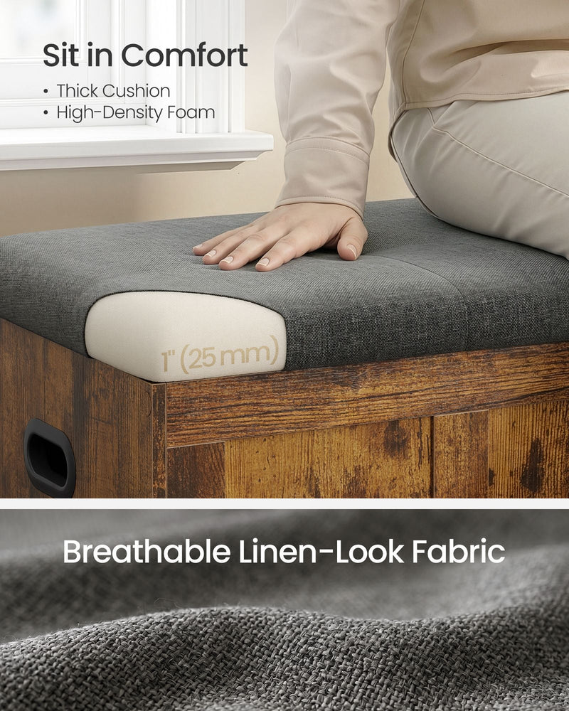 Close-up of the 2.5 cm thick foam cushion and linen-look fabric on the storage bench lid