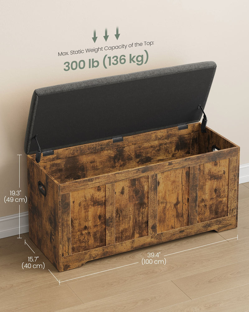 Storage bench with open lid showing 100 x 40 x 49 cm dimensions and 136 kg top load