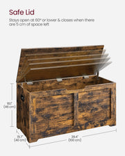 Labelled dimensions diagram showing the storage chest at 100 x 40 x 46 cm with the safe lid feature