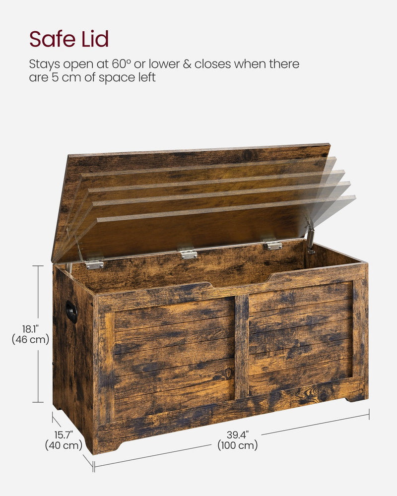 Labelled dimensions diagram showing the storage chest at 100 x 40 x 46 cm with the safe lid feature