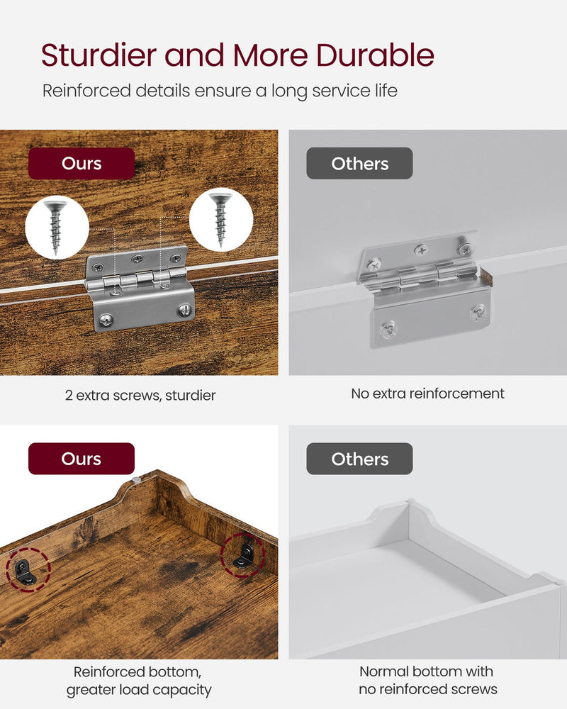 Close-up of the reinforced hinge screws and reinforced base corner bracket for added durability