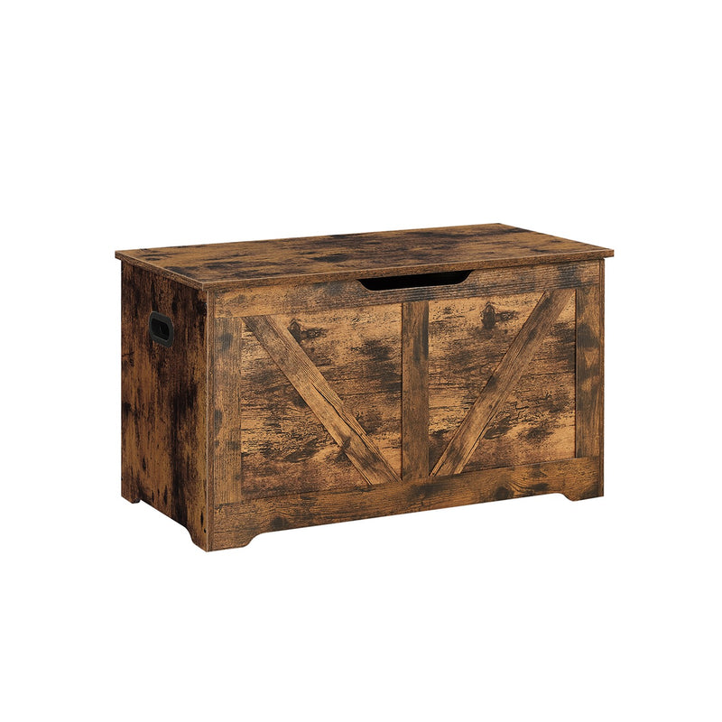 Side view of the rustic brown storage chest showing its wood-effect panel detail