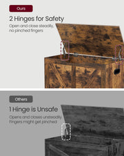 Rustic brown storage chest shown closed with X-pattern wood panel detailing