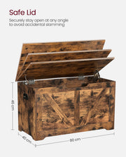 Rustic brown storage chest styled as a bench in a hallway