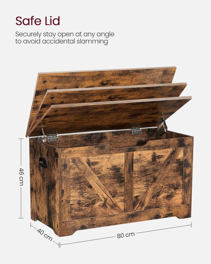 Rustic brown storage chest styled as a bench in a hallway