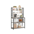 Rustic kitchen storage rack with wood-tone shelves and black metal frame, front view