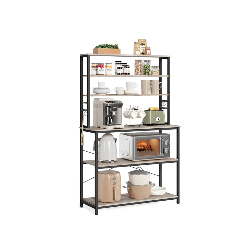 Rustic kitchen storage rack with wood-tone shelves and black metal frame, front view