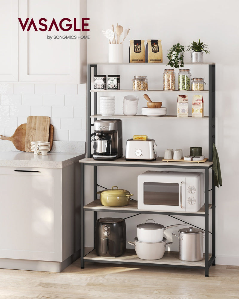 Kitchen storage rack shelves holding jars and dinnerware