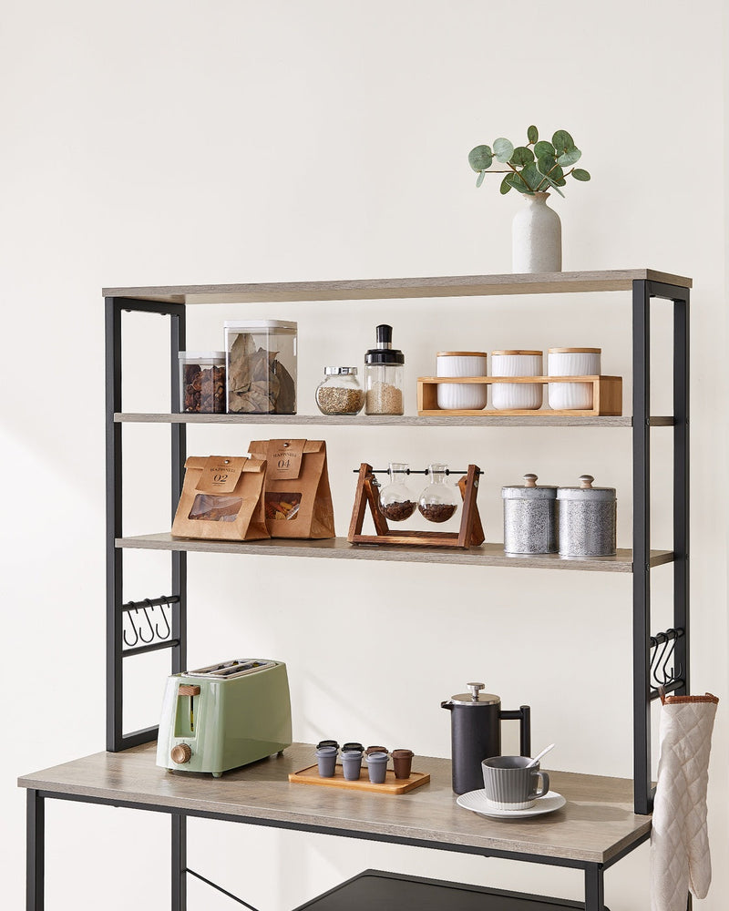 Rustic kitchen rack styled in a pantry setting