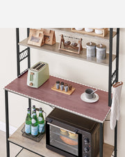 Rustic kitchen rack used as a coffee station in a dining room
