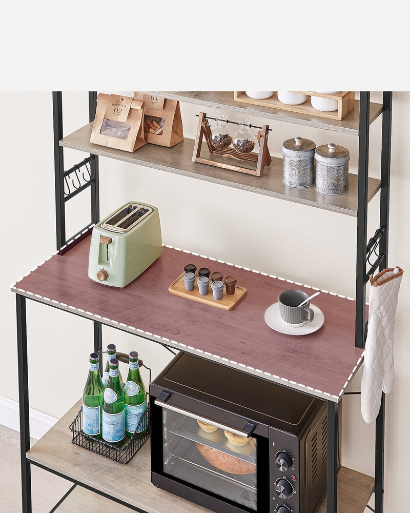 Rustic kitchen rack used as a coffee station in a dining room