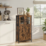 Rustic industrial storage cabinet with glass upper doors and solid lower doors