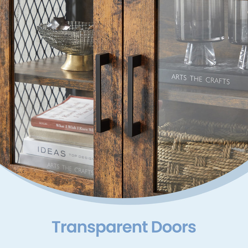 Close-up of the glass door handles and mesh side panel detail