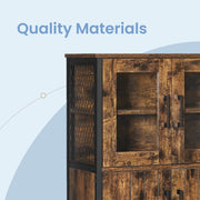 Close-up of the rustic wood-effect door material and black metal frame