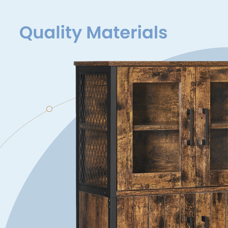 Close-up of the rustic wood-effect door material and black metal frame