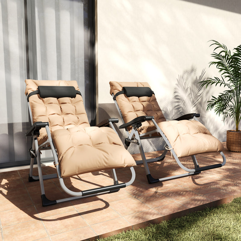 2 Piece Reclining Zero Gravity Sun Loungers with Cushions Khaki by Outsunny