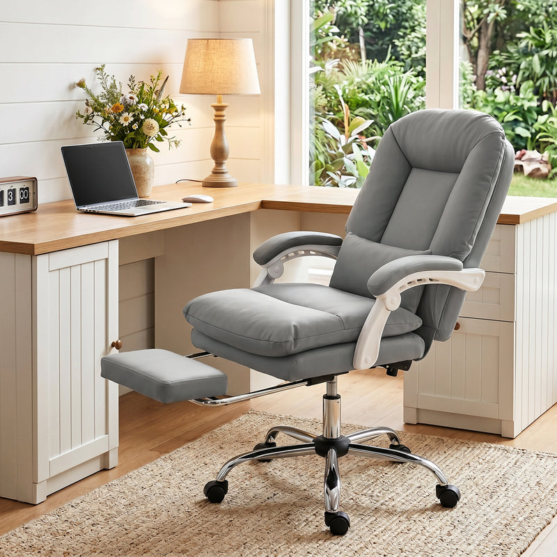Office Chair with Reclining Backrest and Footrest for Comfortable Home Working Grey