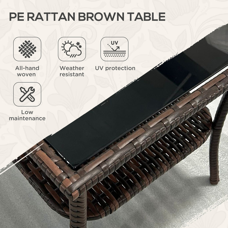 Brown Rattan Two Tier Square Coffee Table With Storage Shelf For Garden Patio Use