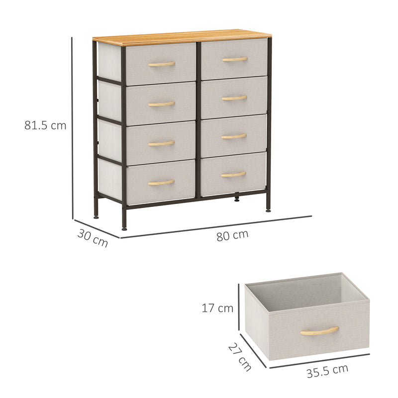 Cream White 8 Drawer Fabric Chest of Drawers with Wooden Top for Bedroom and Nursery by HOMCOM