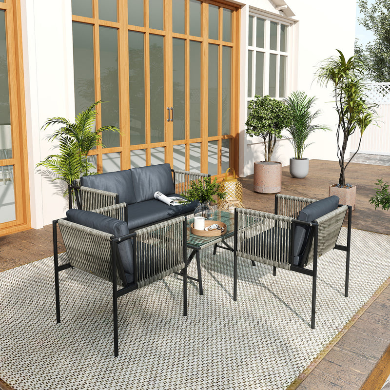 Grey 4 Seater Rattan Garden Furniture Set with Cushions and Glass Table by Outsunny