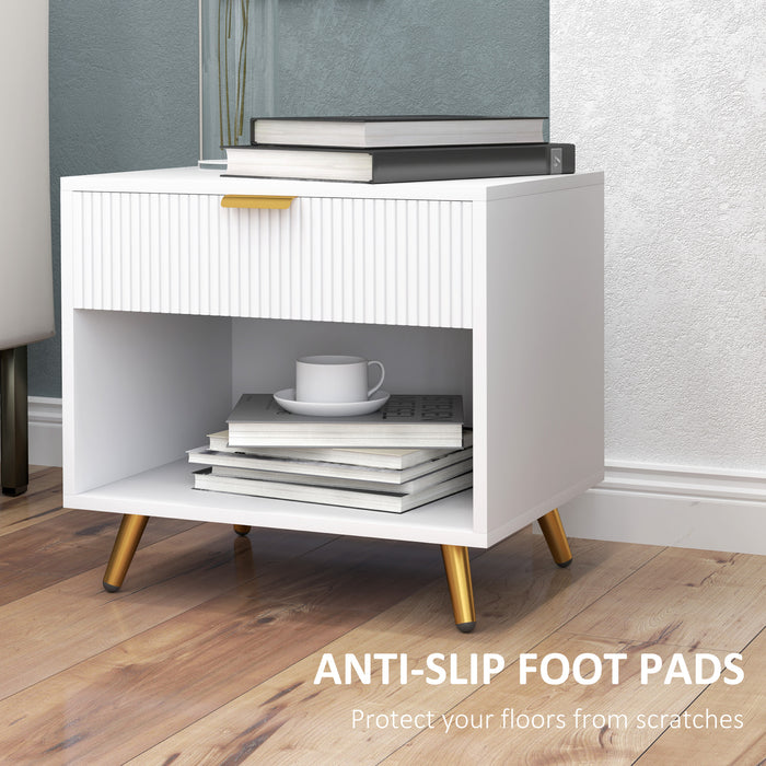 White Bedside Table with Gold Legs, Drawer and Shelf Elegant Design by HOMCOM