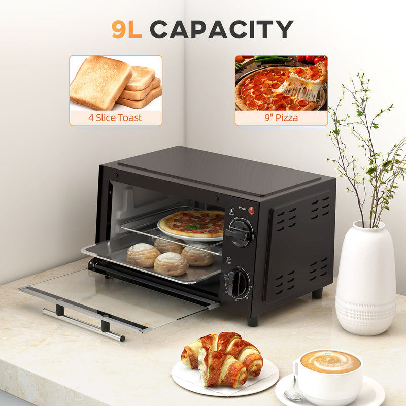 Black 9L Mini Electric Oven With Adjustable Temperature Ideal For Grilling And Toasting