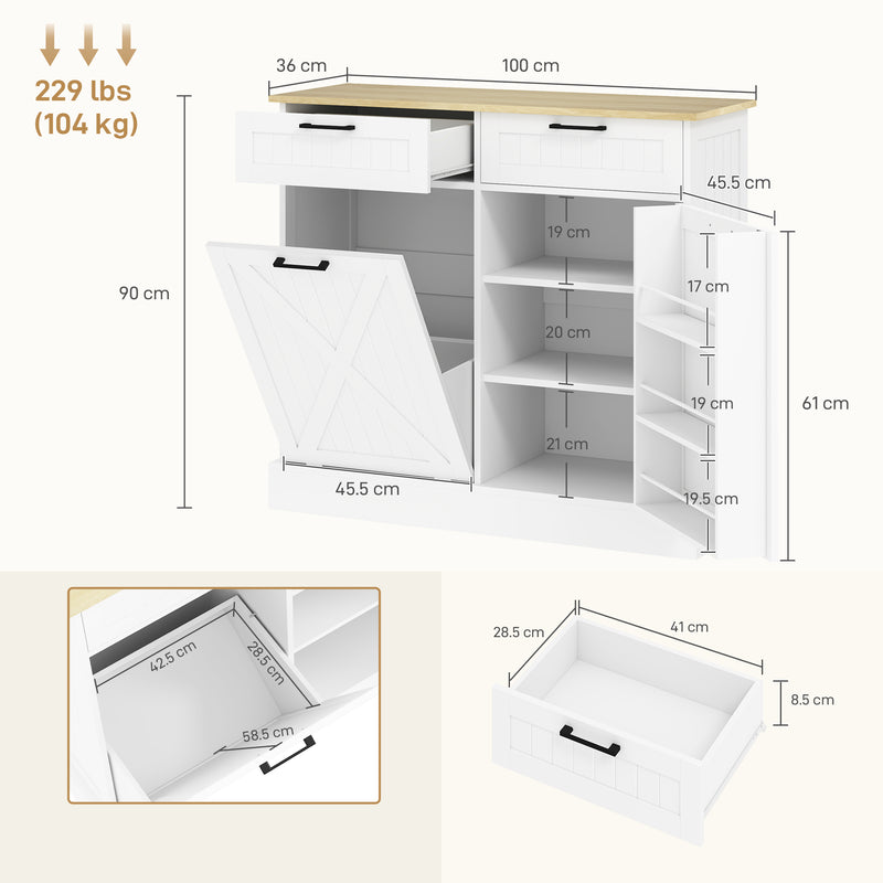 Kitchen Sideboard with Hidden Tilt Out Rubbish Bin and Storage Drawers White AOSOM