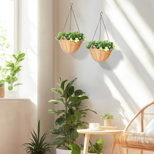 Set of 2 Artificial Hanging Flower Baskets with Pinecones for Home or Office Decor, Green