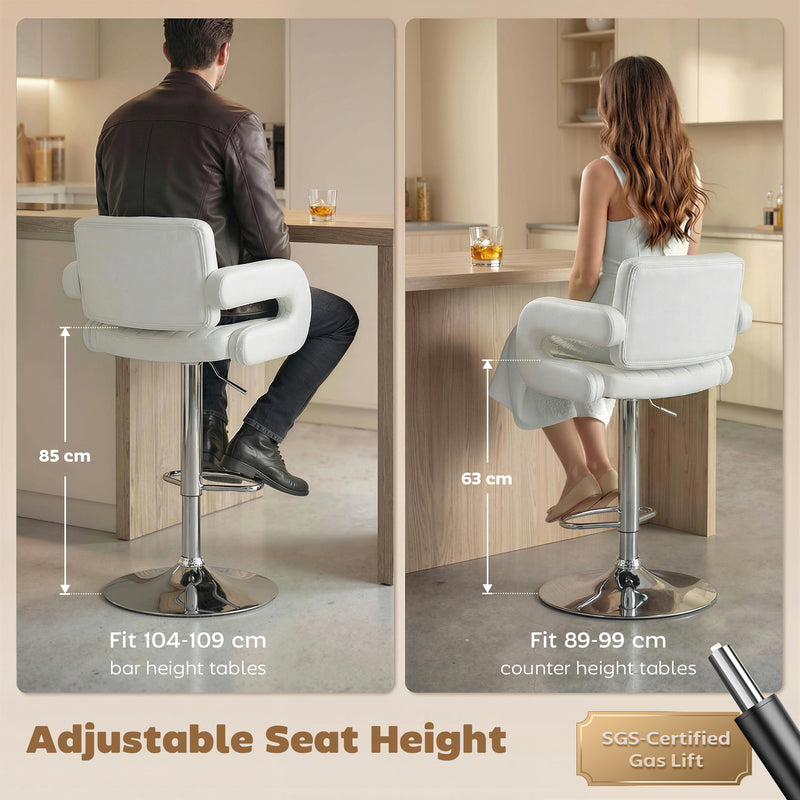 Adjustable Bar Stools with Padded Armrests for Kitchen Island or Breakfast Bar Set of 2 White AOSOM