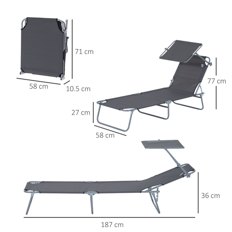 Dark Grey Foldable Sun Loungers Set of 2 with Adjustable Backrest and Shade for Garden