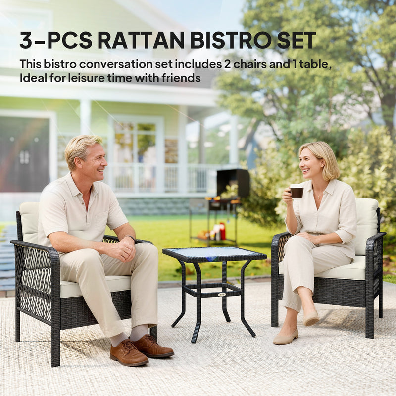 Rattan Garden Bistro Set for Small Outdoor Spaces Glass Table and 2 Chairs with Cushions Cream