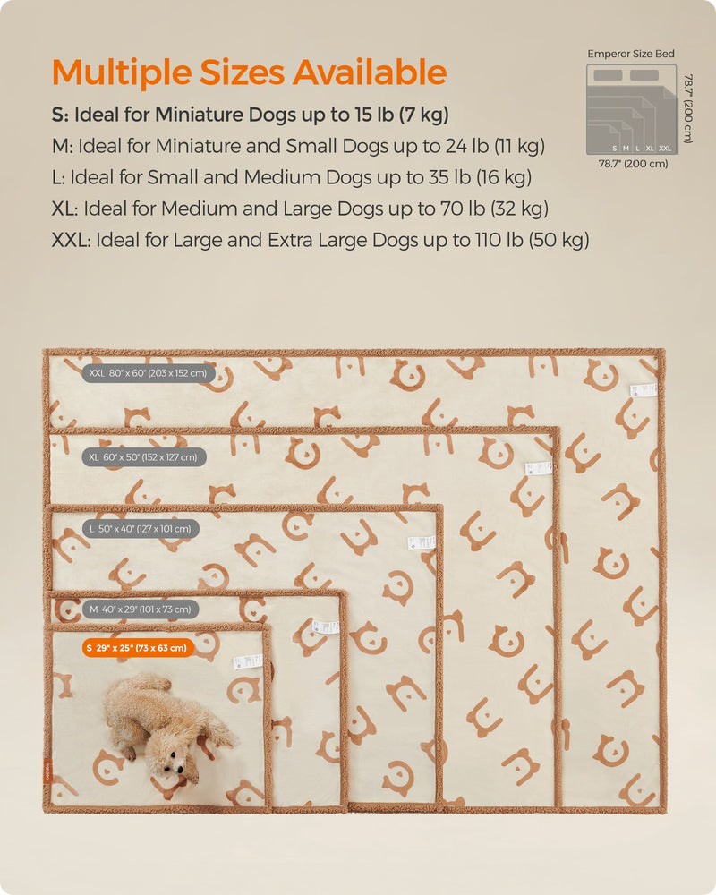 Size guide diagram comparing S, M, L, XL and XXL Feandrea dog blanket dimensions