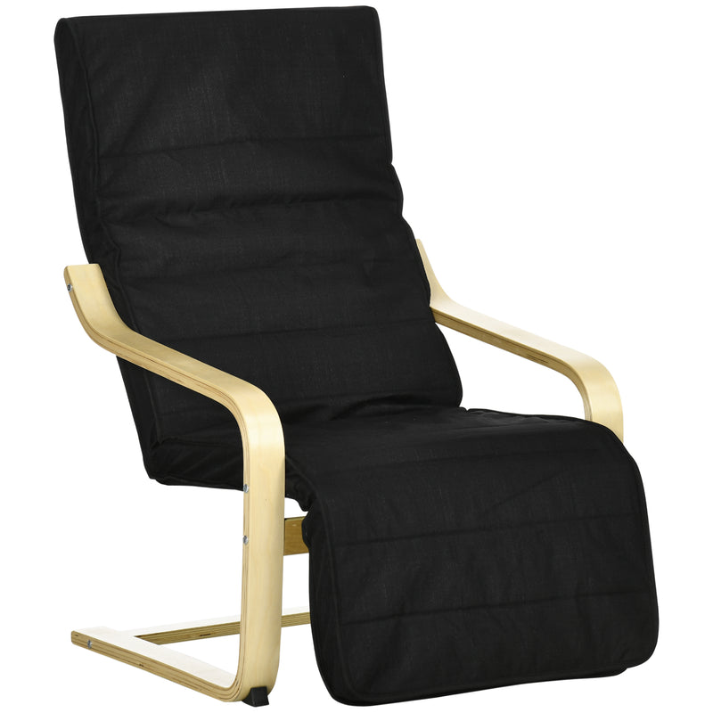 Wooden Reclining Lounger Chair With Adjustable Footrest And Removable Cushion Cover Black