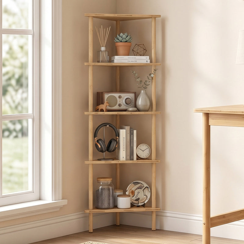 Bathroom Corner Shelf 5 Tier Bamboo Storage for Toiletries and Towels Natural Wood Finish