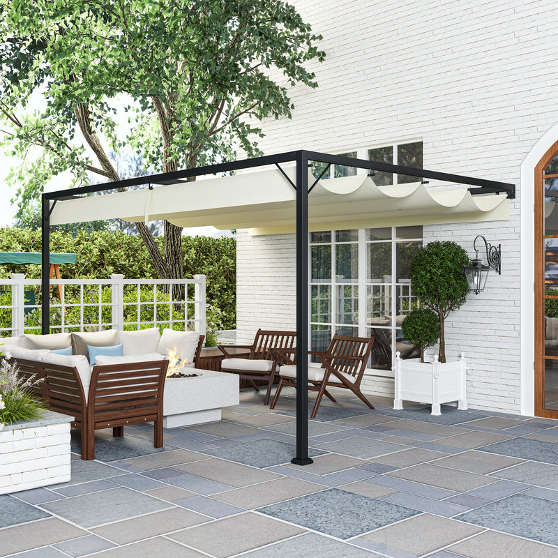 Cream White 4 x 3m Wall Mounted Pergola with Retractable Canopy by Outsunny