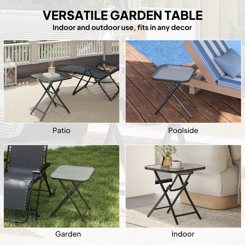 Folding Garden Side Table with Ripple Glass Top for Patios and Balconies Black