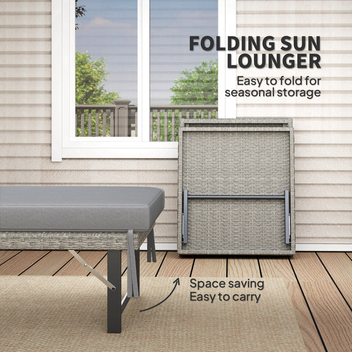 Grey Rattan Folding Sun Lounger with Cushion Single Recliner by Outsunny