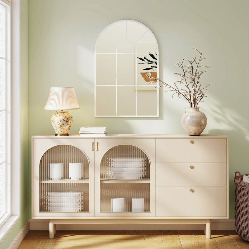 Grid Mirror Design Arched Wall Mirror With Grid Design 90x61cm White | Opal Retail UK