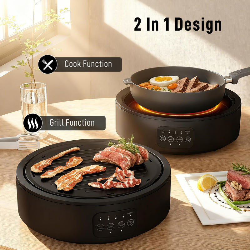Electric Ceramic Hob with Grill Plate for All Pots 4 Heat Levels Portable 36cm Black AOSOM