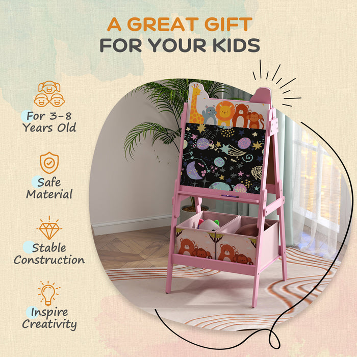 Pink 2 in 1 Kids Easel with Whiteboard Chalkboard and Storage for Ages 3-8 by AIYAPLAY