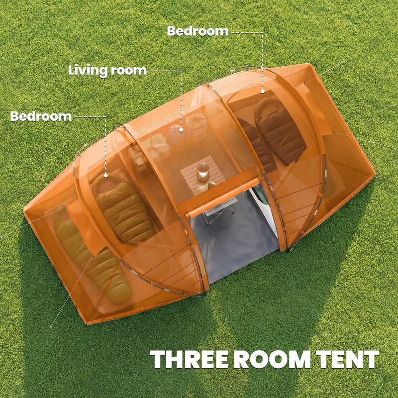 Outsunny 4 Man Camping Tent, UV Protection Tunnel Tent with 2 Bedrooms and Living Area, Large Hiking Sun Shelter, 430 x 240 x 170 cm, Orange