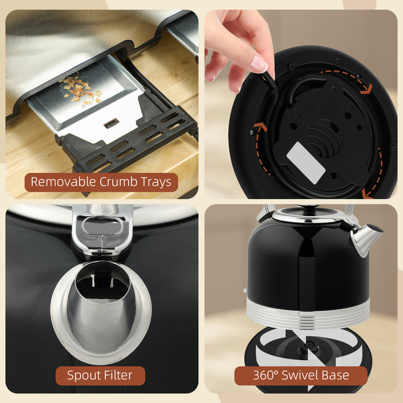 Black Polished Metal Cordless Kettle and Toaster Set for Modern Kitchens by HOMCOM