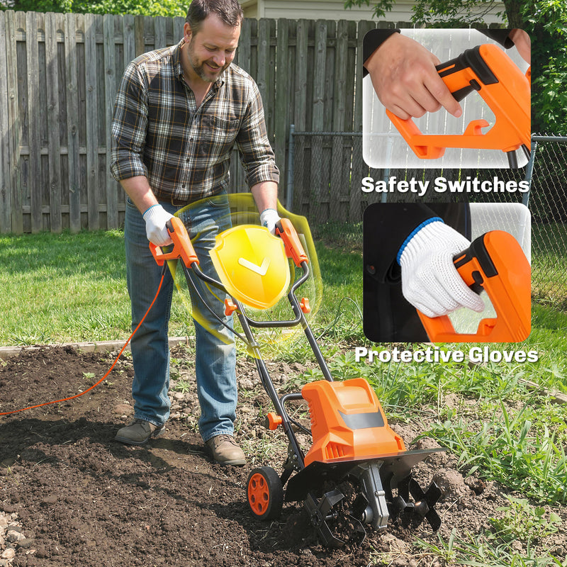 Electric Garden Tiller Rotavator for Easy Soil Preparation with Adjustable Wheels Orange AOSOM