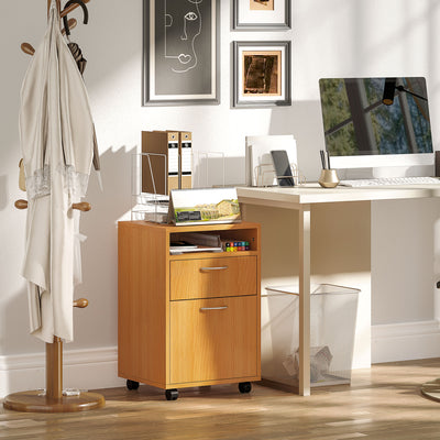 60cm Filing Cabinet with Drawer Open Shelf and Wheels Natural Wood Finish by HOMCOM