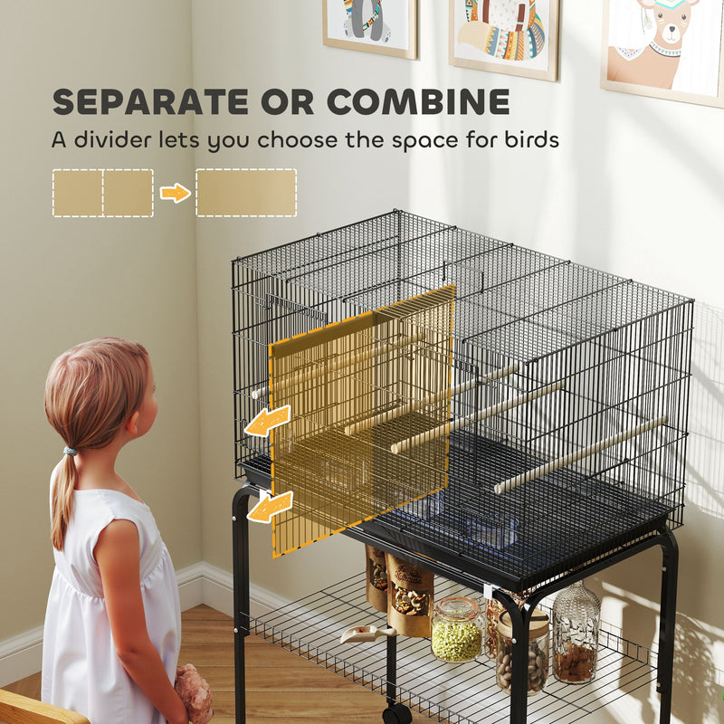Large Bird Cage with Divider and Slide Out Tray for Budgies Canaries Lovebirds Black