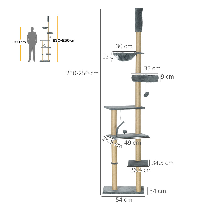 Floor to Ceiling Cat Tree Tower with Hammock and Scratching Posts for Indoor Play Grey