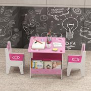3 Piece Kids Table and Chair Set With Storage Shelves For Playroom Or Nursery Pink AOSOM
