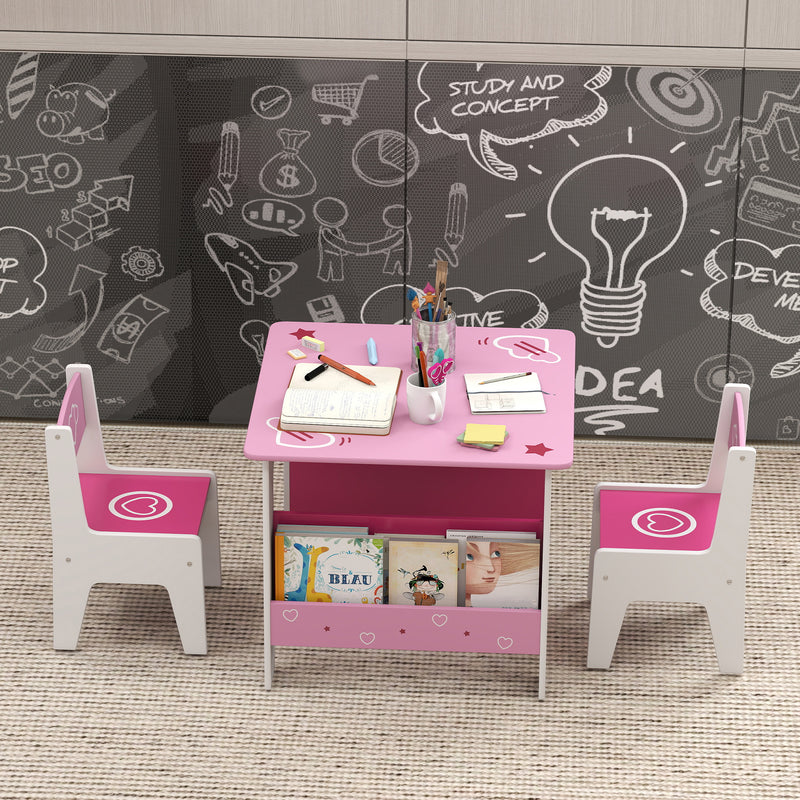 3 Piece Kids Table and Chair Set With Storage Shelves For Playroom Or Nursery Pink AOSOM
