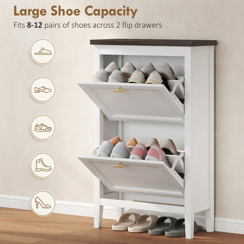 Narrow Shoe Cabinet for Hallways with 2 Flip Drawers White With Gold Handles 60 x 27 x 97 cm Homcom